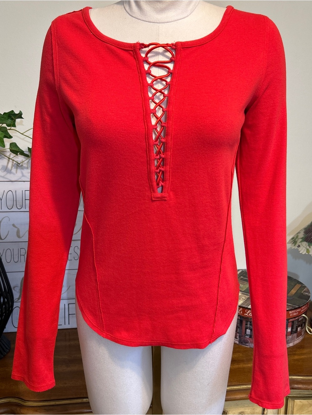We the Free Red Lace-Up Front Long Sleeve Top